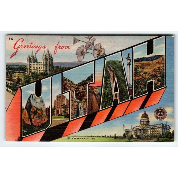 Greetings From Utah 1940's Large Big Letter Postcard Linen Curt Teich Vintage - Picture 1 of 2